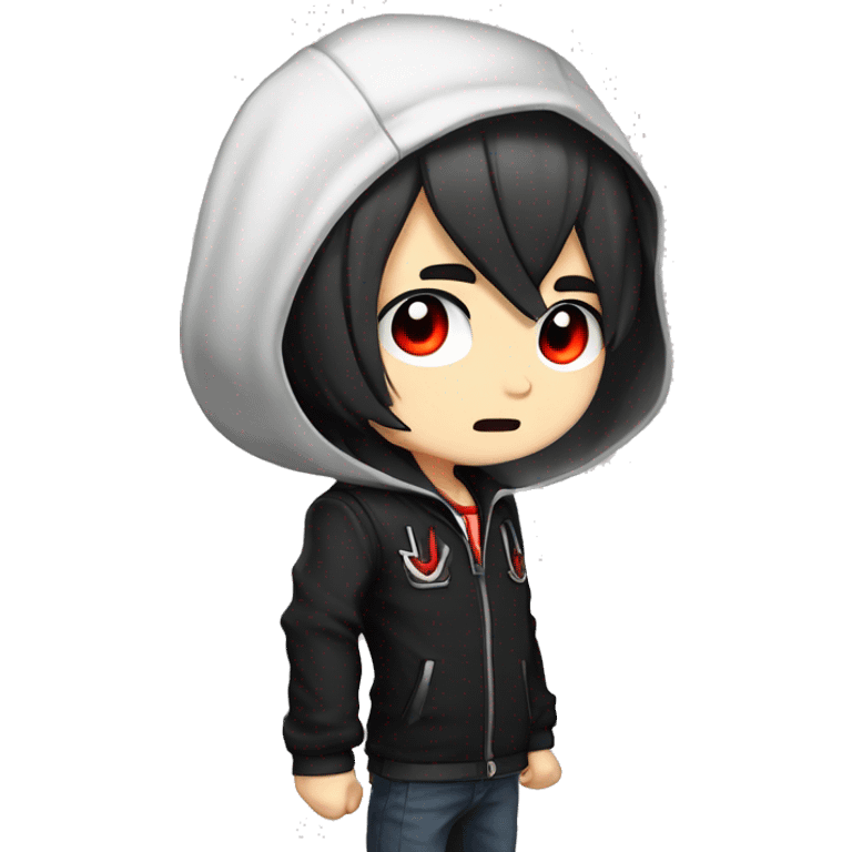 masterpiece, anime style, chibi, illustrated logo, medium short shot, twitch emote of a boy with red eyes, black hair, white locks, shoulder length hair, black jacket. emoji