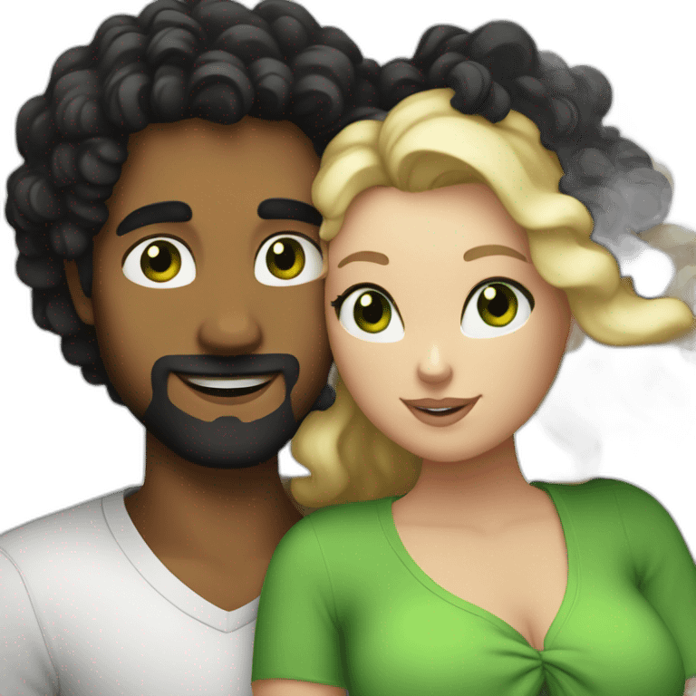 A curvy woman with blond hair and green eyes hugging a man with black curly hair emoji