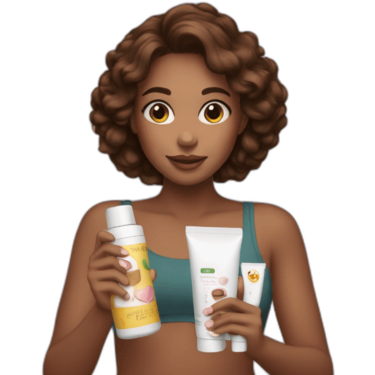 brown-haired girl holding cosmetic products in her hands emoji