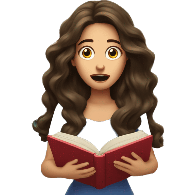 brunette long wavy hair woman shocked face while holding and reading book emoji