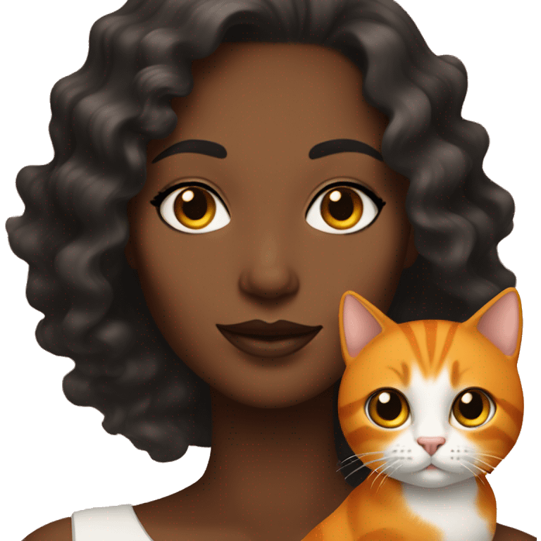 White Woman with Wavy Hair that is Blackish Brown and Glam Makeup holding an Orange Cat emoji