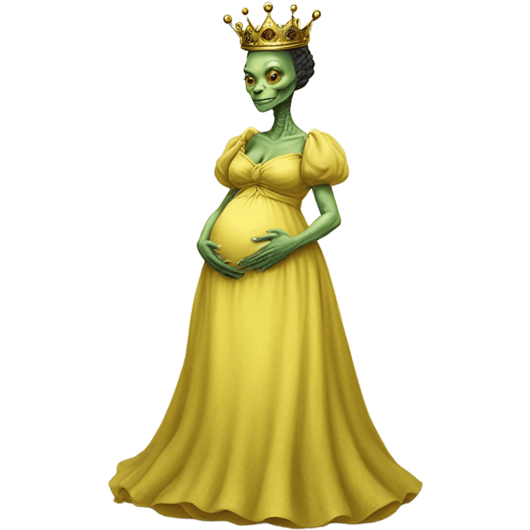 Pregnant reptilian alien woman, full body, in victorian jellow elegant dress, have a crown emoji