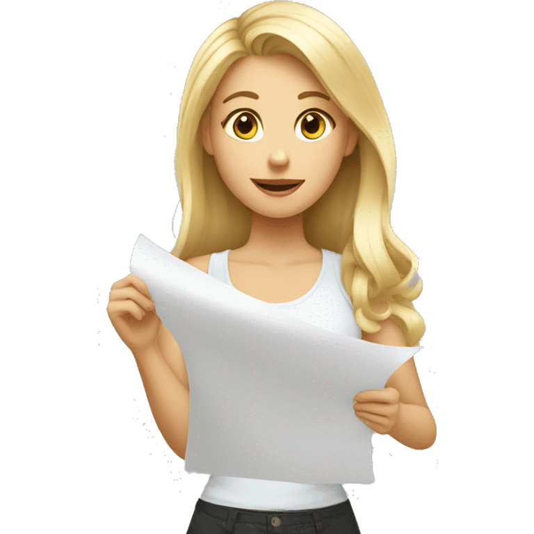 blonde girl giving feedback with a sheet of paper emoji