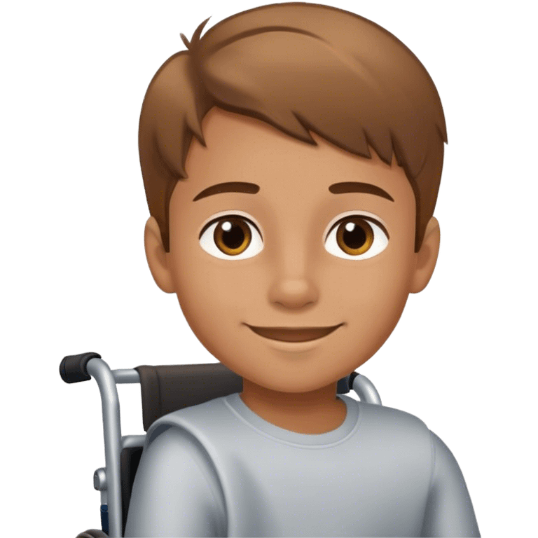 young boy with light brown hair andbrown eyes in wheelchair smiling emoji