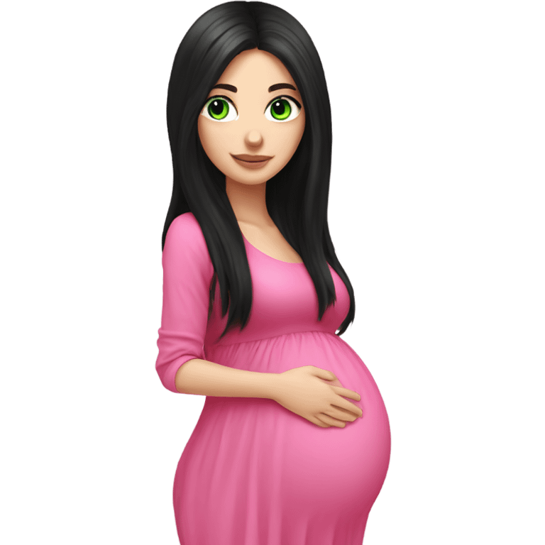 Beautiful Russian girl green eyes very long black hair pink clothes pregnant emoji