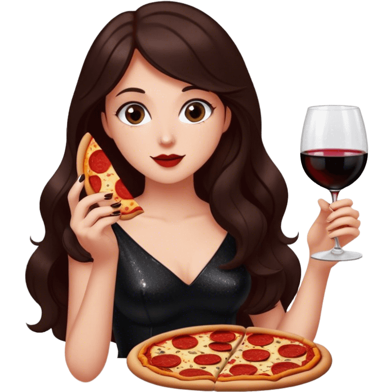 Beautiful woman in 1950’s woman fashion look, black shimmery dress, long dark brown hair, red wine, Pepperoni pizza emoji