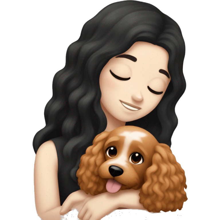 White skinned european girl with long black hair cuddling with an apricot coloured cockapoo emoji