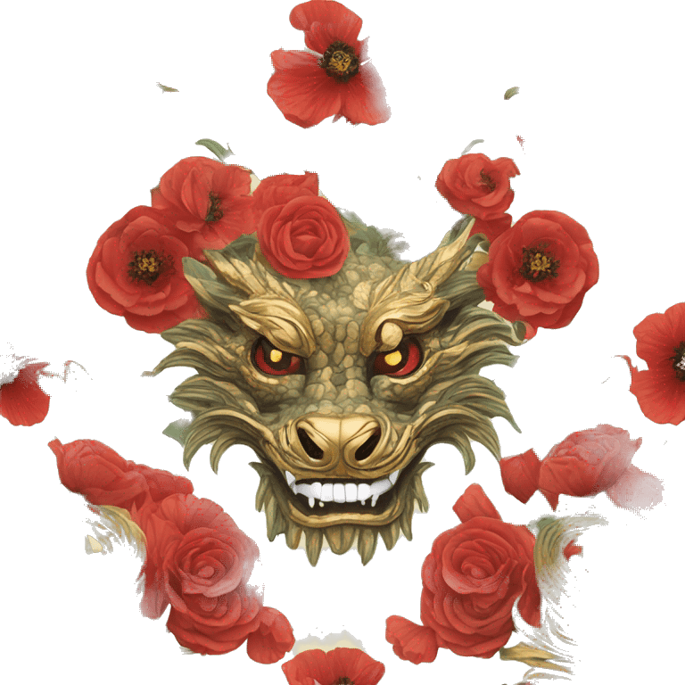 Intricate floral flower red and black and gold and jade dragon face with flowers poppies roses detailed emoji