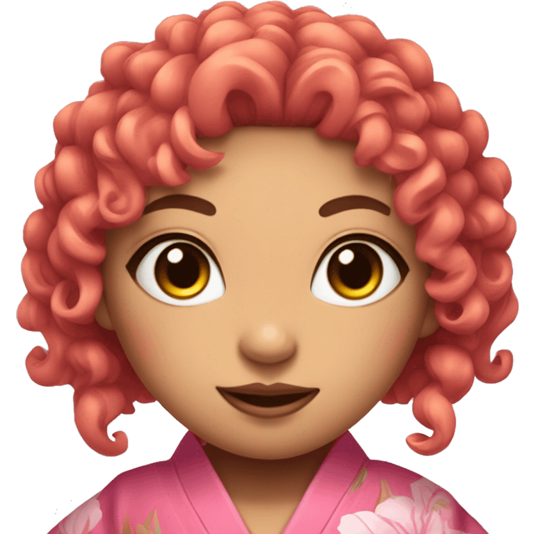 a demon girl with curly black orange hair and pink eyes with a pink kimono a bamboo in her mouth  emoji