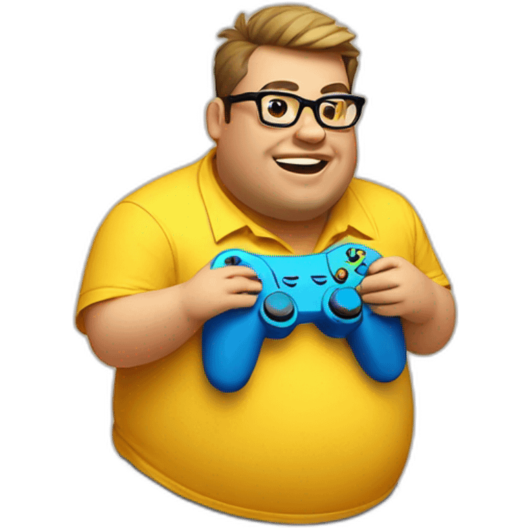 fat guy wearing a yellow hawaii shirt with rectangular glasses playing video games emoji