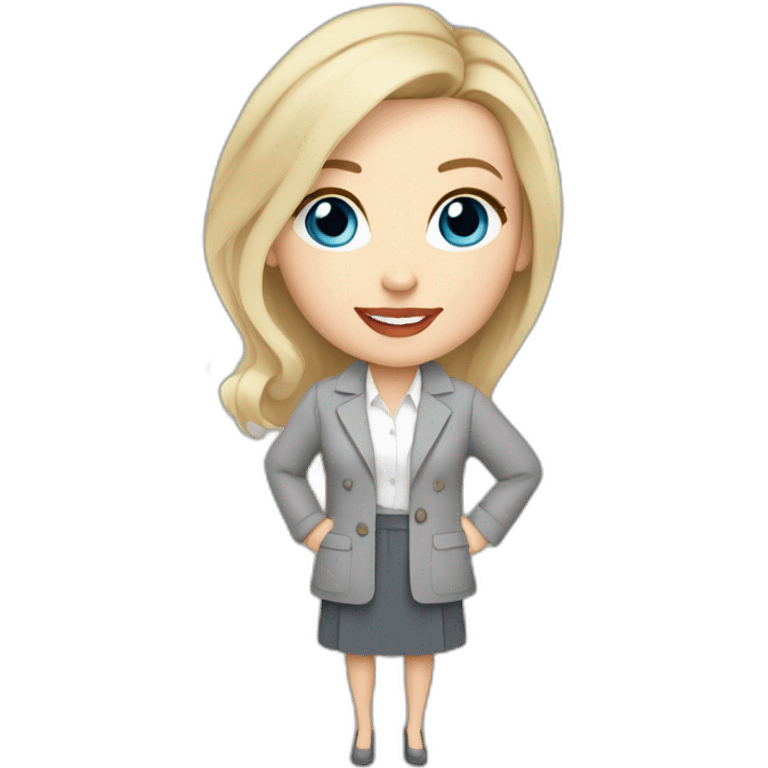 pale skin woman interior designer with cold blonde middle length hair, blue eyes, White blouse, Gray oversize jacket, Gray skirt holding a color palette in the hands emoji