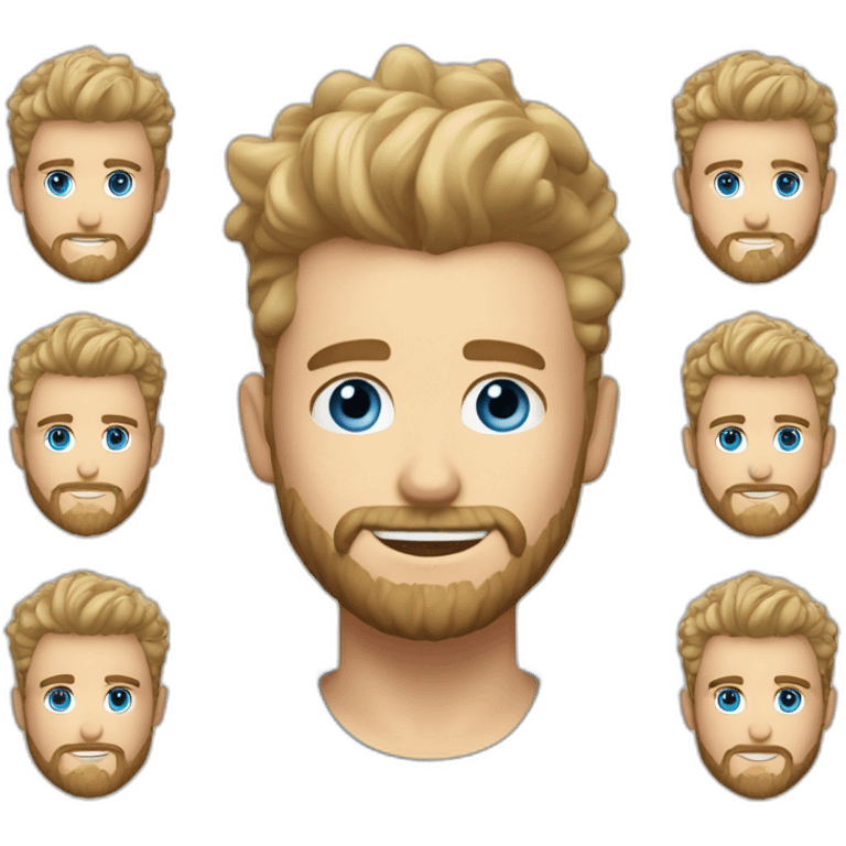 single blond guy with taper fade, messy curly tiktok guy front and top of hair and dark blonde beard and blue eyes emoji