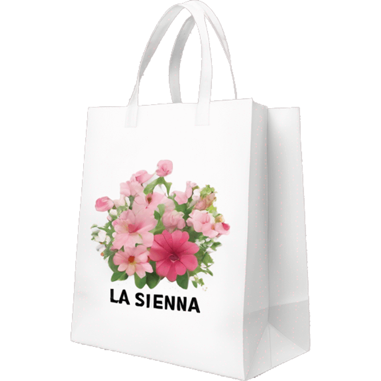 White shopping bag with La Sienna written on the side in text with picture of flower and inside bag has floral pink clothes in it  emoji