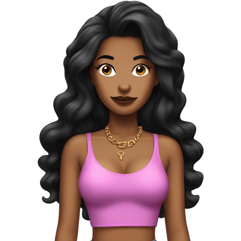 Tanned woman with long black hair dressed in 90s hip hop hair, makeup, and attire emoji