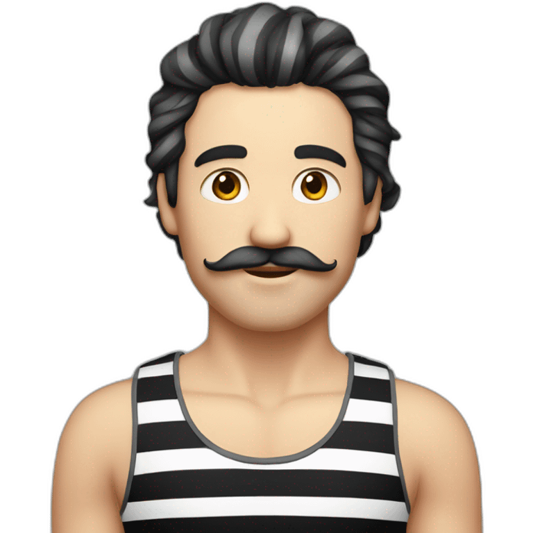 long hair male with moustache and striped tank top with black and red lines emoji