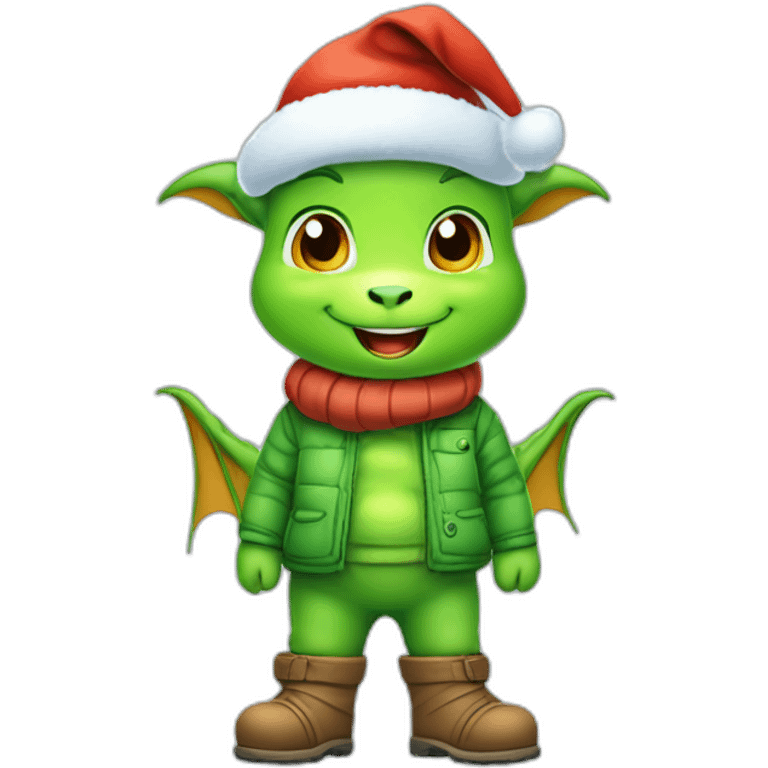 happy little green cartoon dragon of child in winter, in work pants, in work clothes, in winter boots, in a Santa Claus hat, New Year emoji