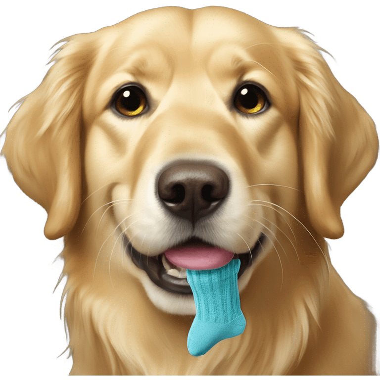 Golden retriever with sock dangling from mouth emoji