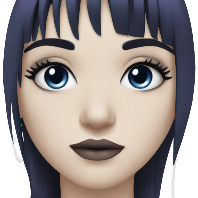 gothic girl, pale skin, blue eyes, long hair, deep dark purple hair, bangs, black clothes, eyeliner, upper lip beauty mark emoji