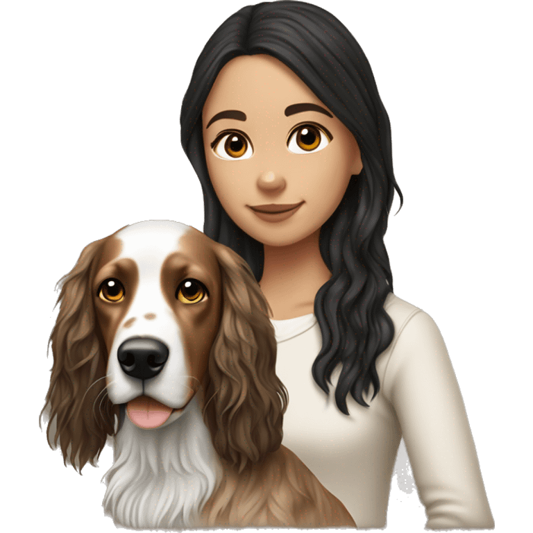 hyperrealist caucasian girl black long hair, brown eyes, light skin with brown english setter dog emoji