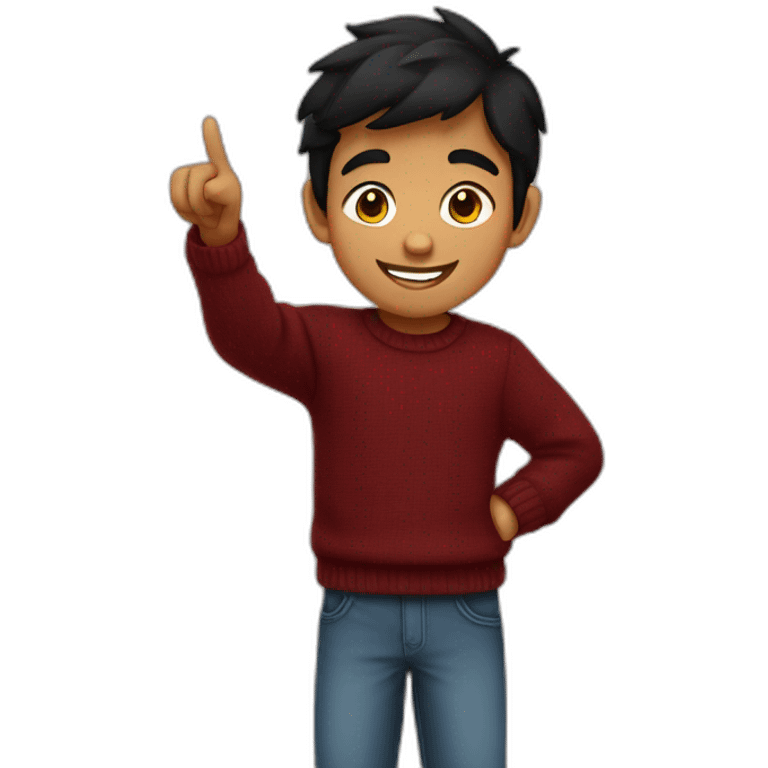 smiling and pointing north indian kid with black hair wearing a dark red sweater emoji