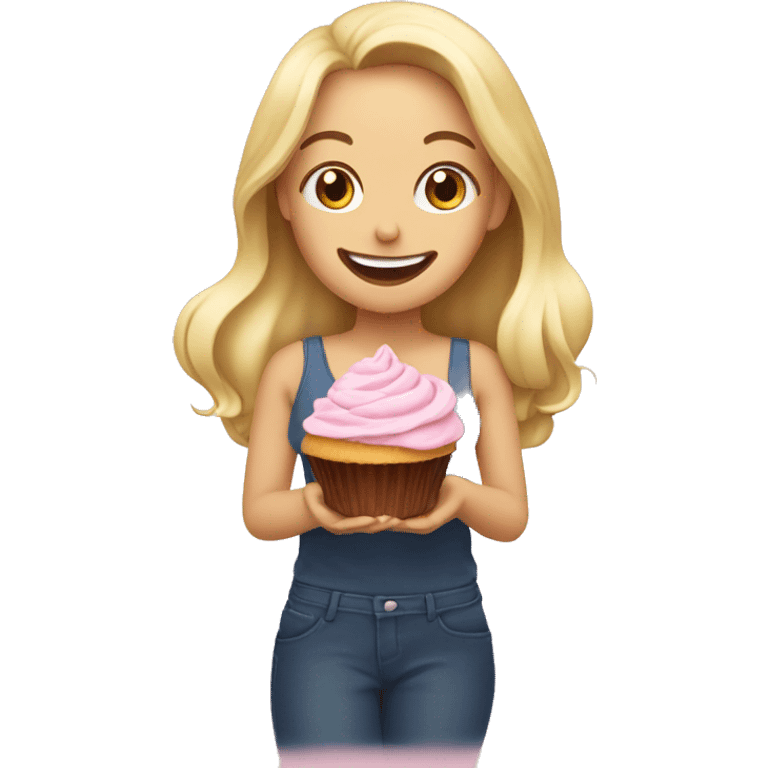 blonde girl with a smile holding a cupcake emoji