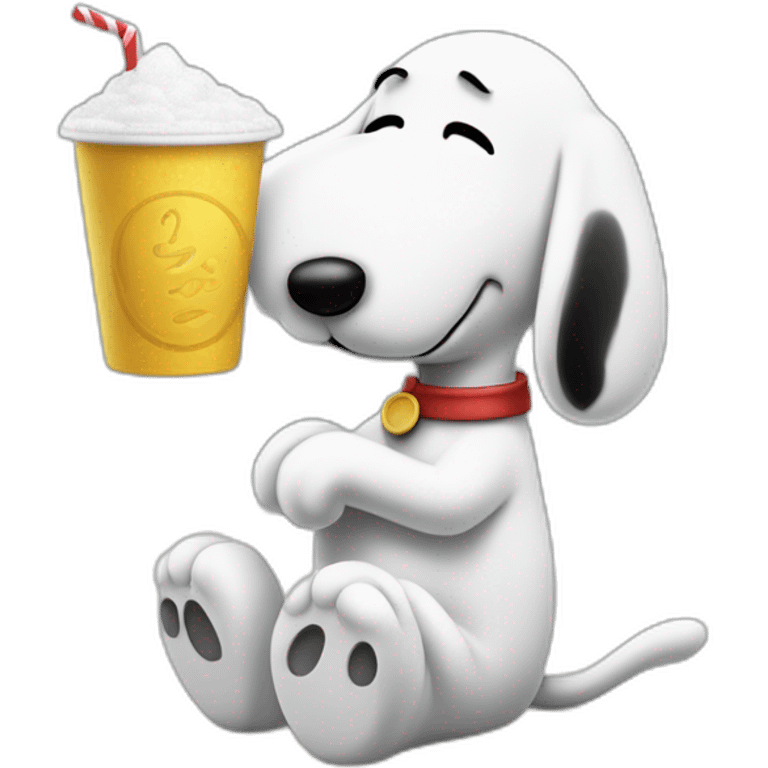 Snoopy (full body, standing) holding a straw in his hand against his nose bent over a table sucking up a pile of sugar -drink -cup emoji