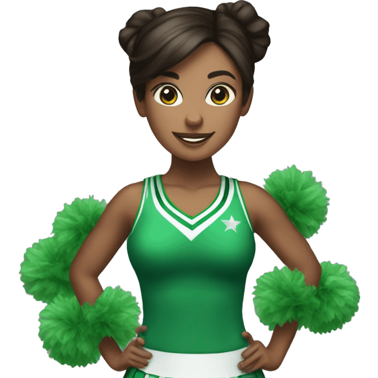 brunette cheerleader wearing green uniform holding green pompoms emoji