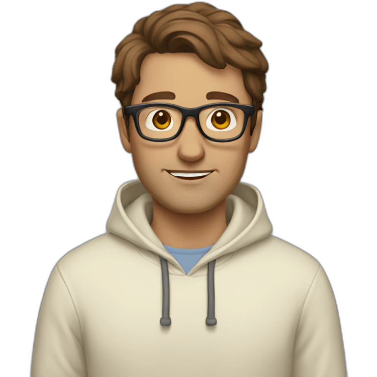 Man with brown hair and glasses wearing a cream hoodie emoji