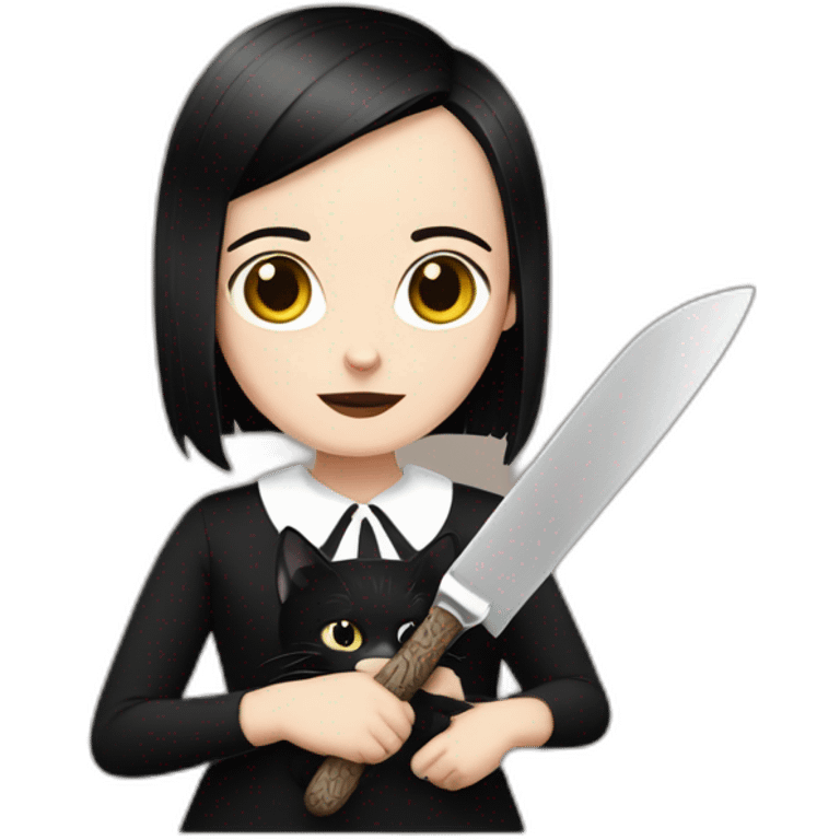 wednesday adams with a cat in right hand and a knife in left hand emoji