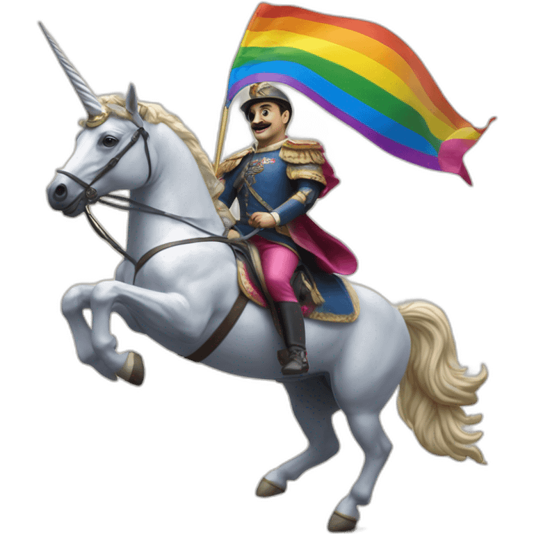 Hyperrealist Francisco franco ride a unicorn with a lgtbi flag emoji