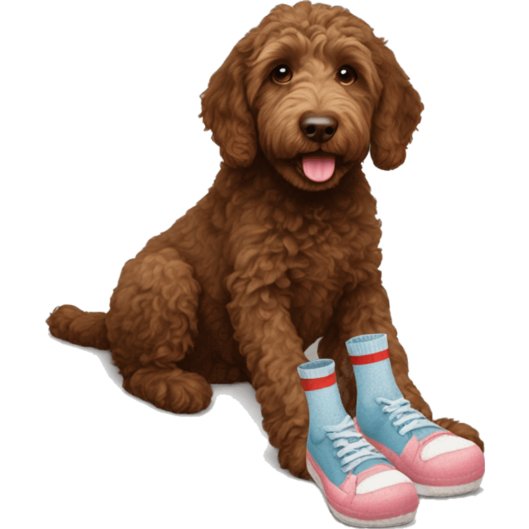 Brown labradoodle eating socks emoji