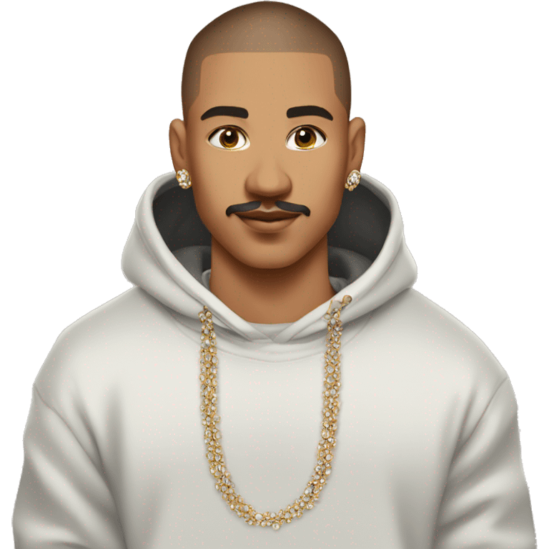 brown middle short buzzcut haired, 25 years old tanned boy with mustache wearing streetstyle hoodie and diamond chain emoji