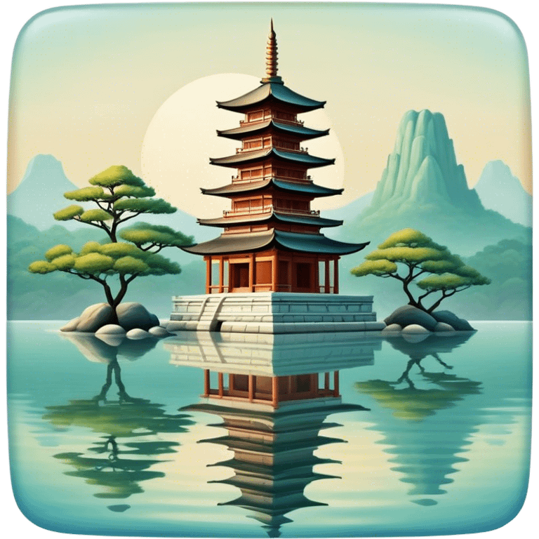 Cinematic Realistic Tran Quoc Pagoda Landmark Emoji, depicted with an ancient pagoda set on tranquil waters rendered with delicate textures and serene, reflective lighting. emoji