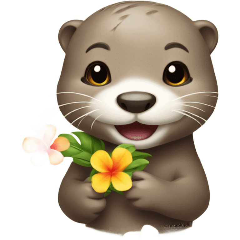 A happy and cute otter face holding a Hawaiian flower emoji