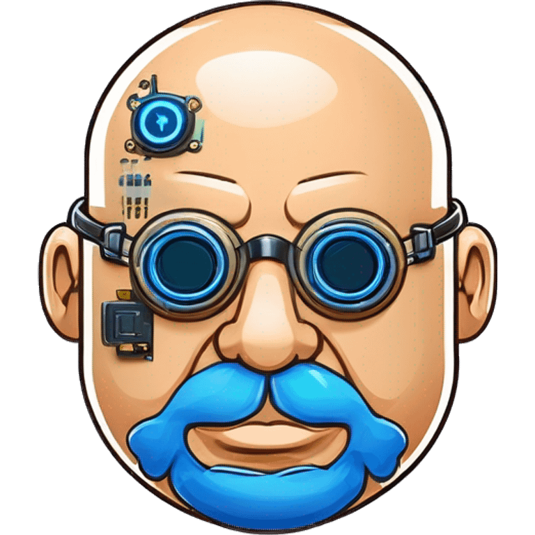 Fat bald cyborg head with tan skin, blue beard, blue steampunk goggles and circuits emoji