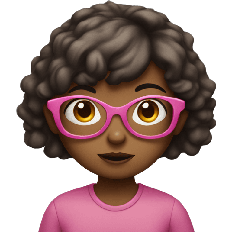 confused little girl with dark brown hair, brown skin, and pink glasses emoji