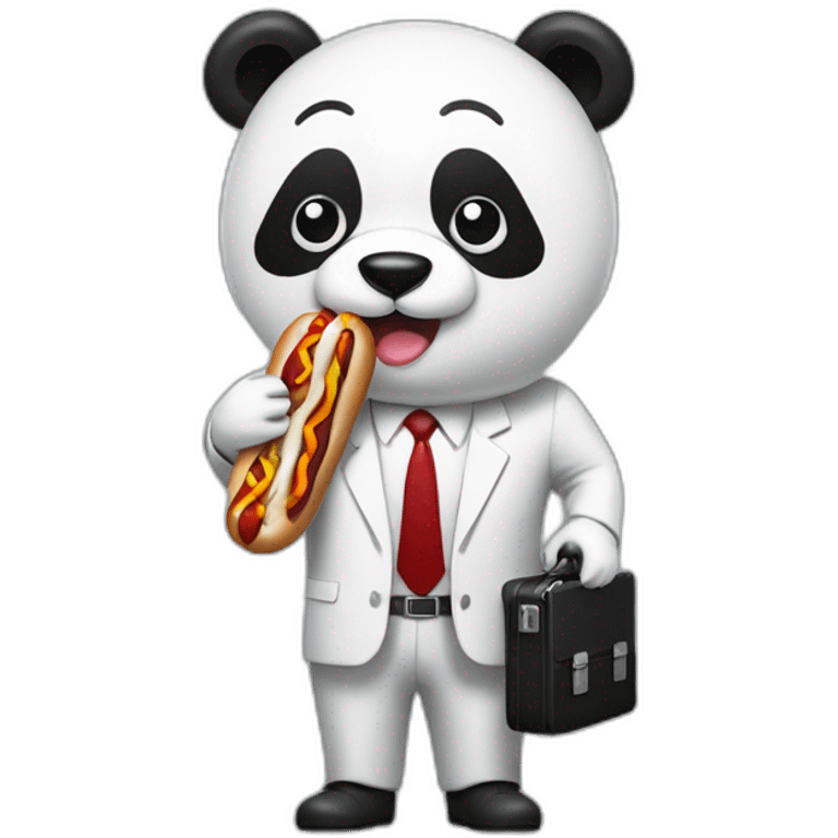 A professor with white suit and red tie and a panda face eating a hotdog and holding a black suitcase emoji