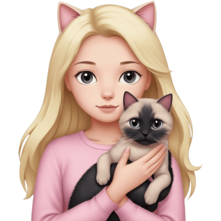 girl with blond long hair, grey eyes and fair skin in pink pastel clothes holds a black British cat in her arms emoji