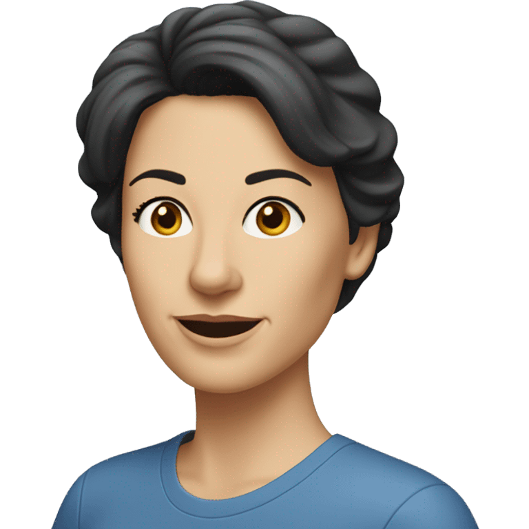 A head and shoulders shot of a 50 year old caucasian woman with short black hair wearing a tshirt. emoji