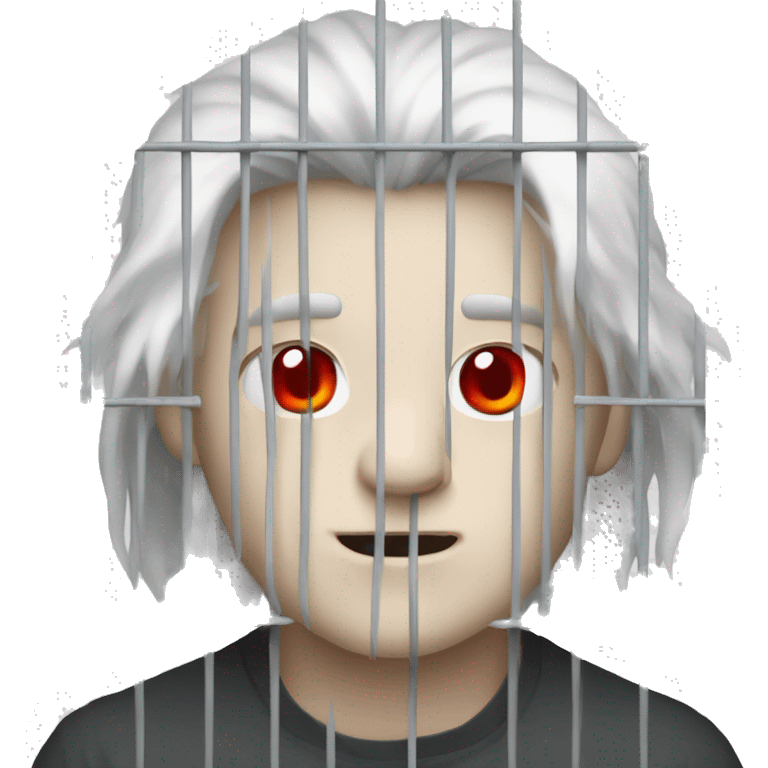 small man with paper white skin, white horns, red eyes and long hair in a cage emoji