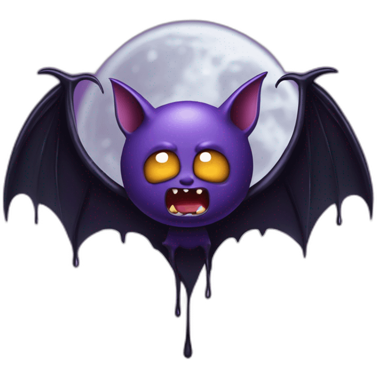 mad face purple black vampire bat wings flying in front of large dripping crescent moon emoji