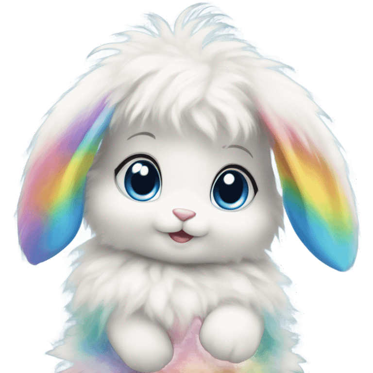 Cute fluffy bunny with big blue eyes wearing rainbow dress emoji