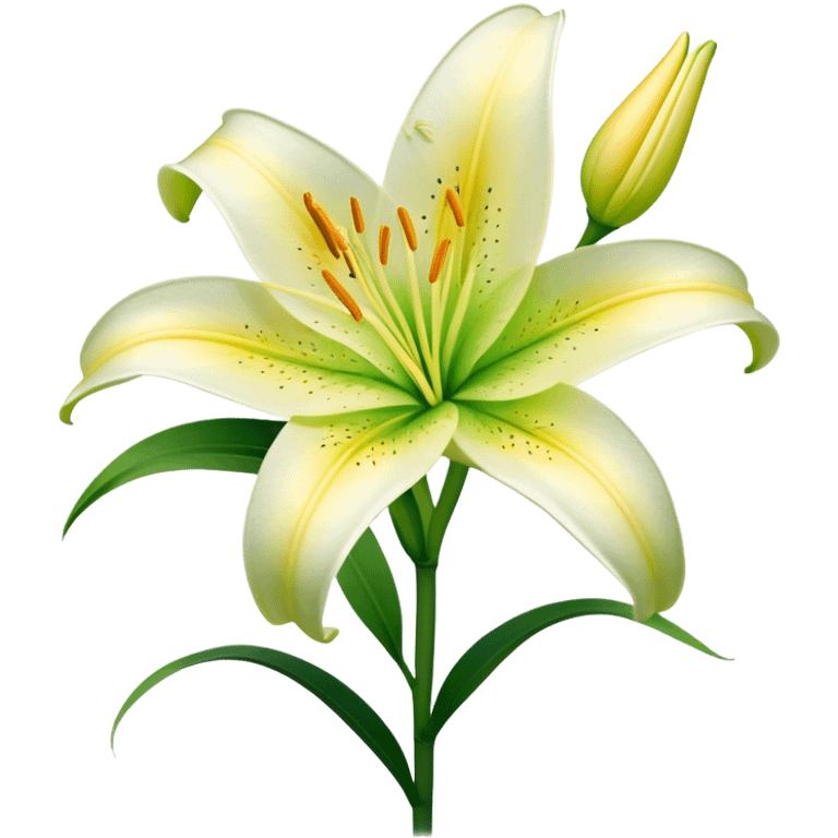 Cinematic Realistic Lily Emoji, Elegant and fragrant, with soft, white petals curling delicately around a golden-yellow stamen at its center. The long, slender green stem stands tall, supporting the vibrant bloom with its slightly curled tips. Soft glowing outline, capturing the essence of purity, elegance, and grace in a striking lily. emoji