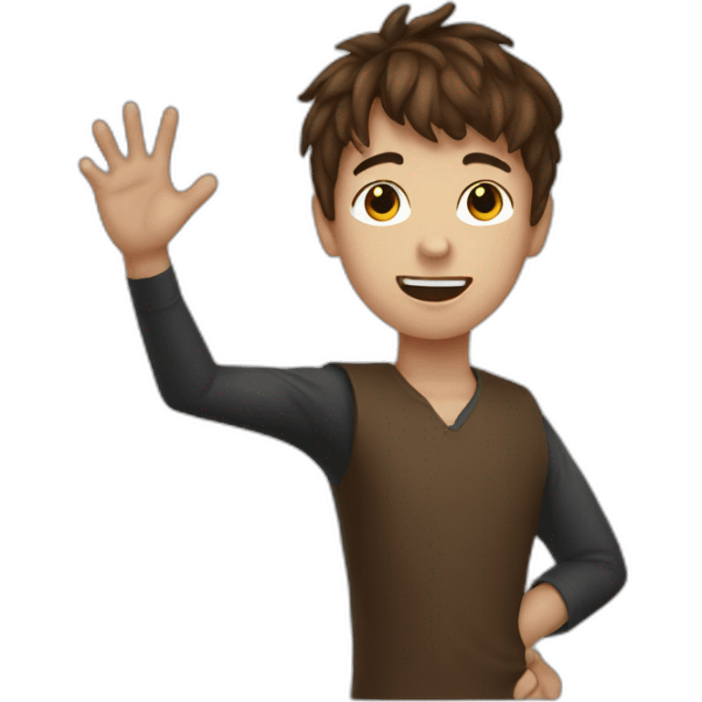 Boy with brown hair with hands up wearing Halloween mask emoji