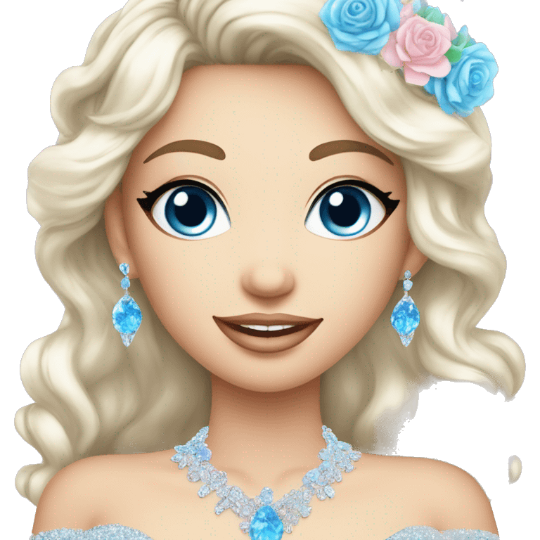 Gorgeous pastel Lady with blue eyes in a sparkly shiny dress with tiara and necklace and flowers behind her and trending  emoji