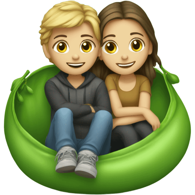 Two young white brunette siblings in a peapod emoji