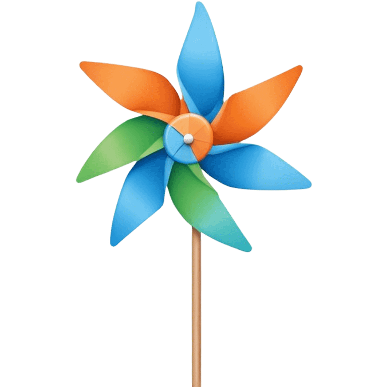 A pinwheel with 4 blades, using teh colors orange, light blue, blue and green, like a airflow logo. Add a woodstick emoji