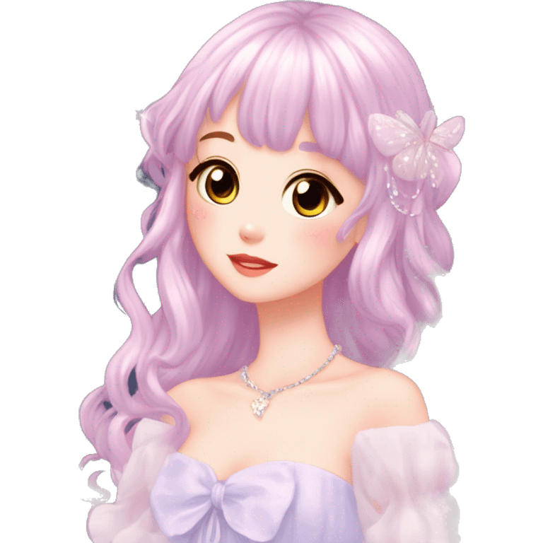 Dreamy pretty elegant kawaii shiny blushing shy anime pastel lady kawaii beautiful hair naturecore fairycore cottagecore jewels trending aesthetic full body emoji