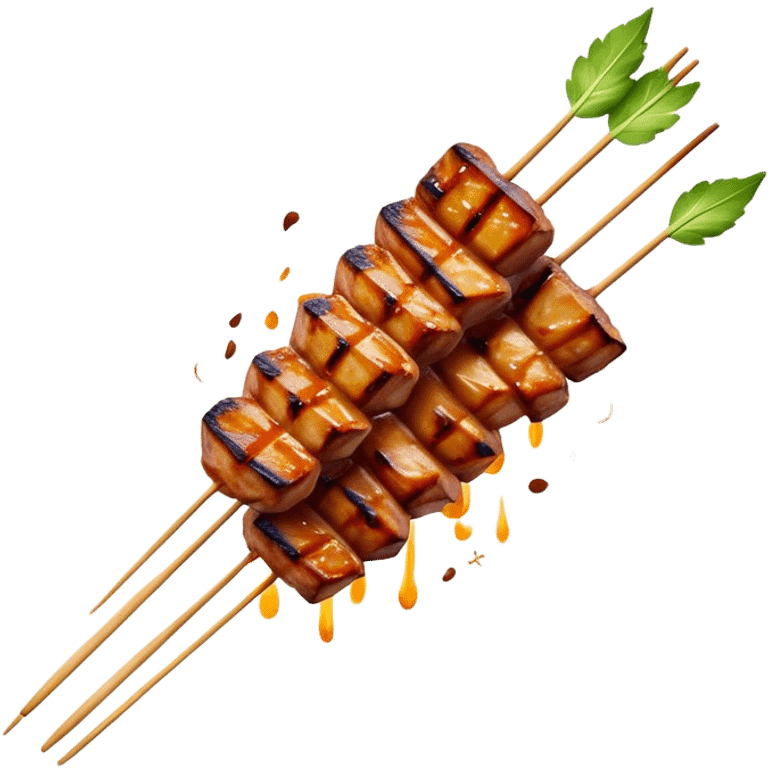 Cinematic Realistic Satay Dish Emoji, depicted as skewered, marinated meat grilled to perfection rendered with rich, smoky textures and dynamic, appetizing lighting. emoji