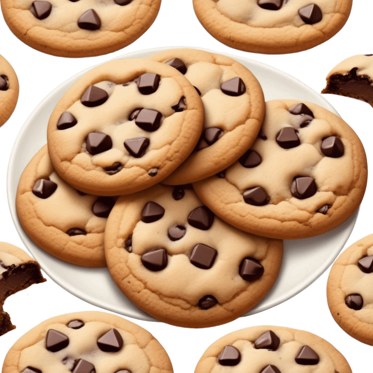 Cinematic Realistic Cookies Dessert Emoji, showcasing a plate of freshly baked cookies with gooey chocolate chips rendered with lifelike textures and warm, homey lighting. emoji